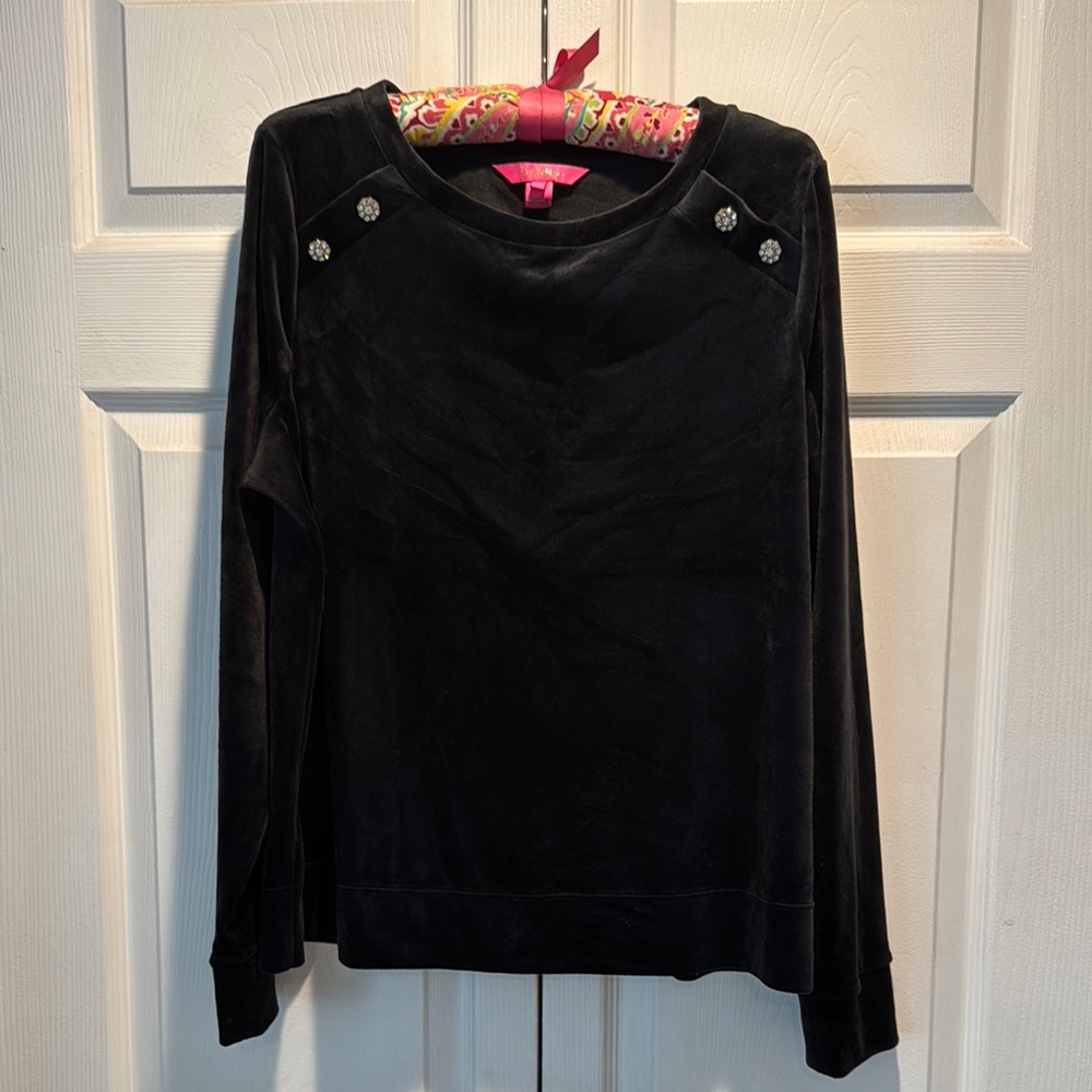 EUC Lilly Pulitzer Black Velour Top with Rhinestone Button Accents L